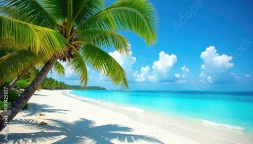 Fototapeta Naklejka Na Ścianę i Meble -  Lush palms curve over pristine white sand beach, azure ocean vista , horizon, blue