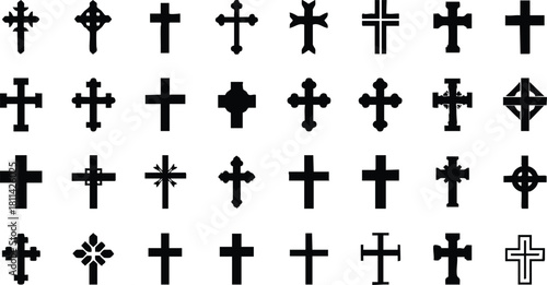 Collection of various black Christian cross icons in silhouette style isolated on white background with different designs and shapes