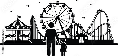 Amusement park silhouette with father and daughter watching roller coaster and ferris wheel outdoor fun