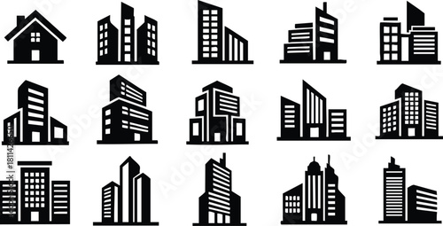 Black silhouette modern building icons set with various urban architectural designs for city planning and construction projects
