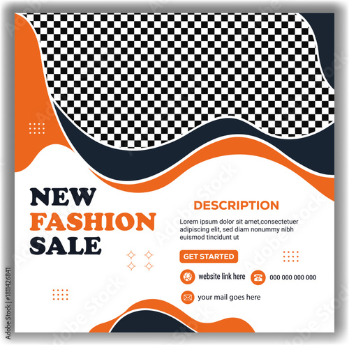 New fashion sale social media post template with abstract waves, photo placeholder website and email contact info for promotion Vector