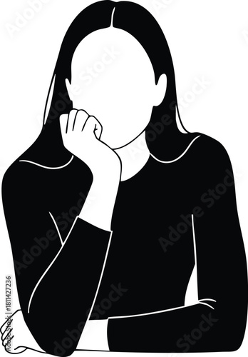 Female silhouette in thoughtful pose with minimalistic black and white design for contemplative mood illustration