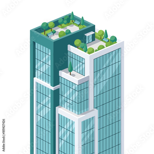 Isometric illustration of a modern and eco-friendly skyscraper with a green rooftop garden