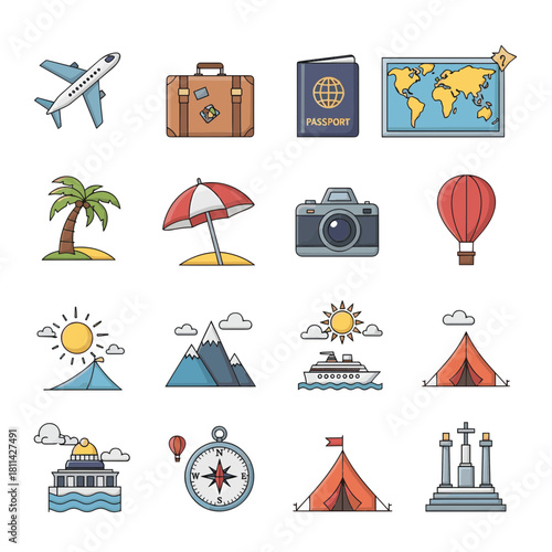 Travel Essentials and Vacation Icons Collection Plan Your Next Adventure