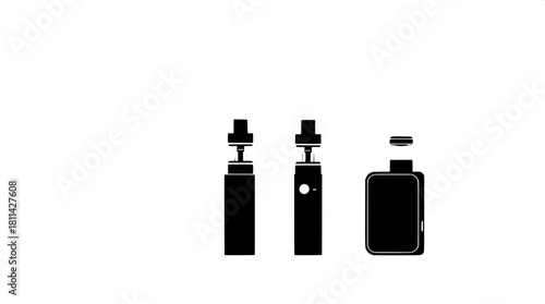 Modern minimalist illustration showing four sleek vape device silhouettes, rendered in solid black with crisp white accents, displayed in a straight line with precise equal spacing, set against a neut