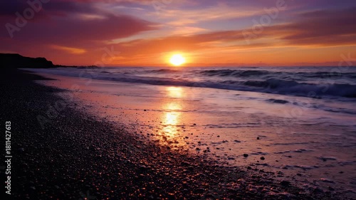 Golden sunset over tranquil pebble beach, vibrant orange and purple sky reflected on gentle ocean waves, creating a serene coastal evening atmosphere