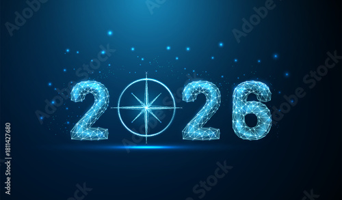 New Year card with 2026 number and compass replacing zero. New year direction, goal setting, strategic planning, guidance, future vision concept.