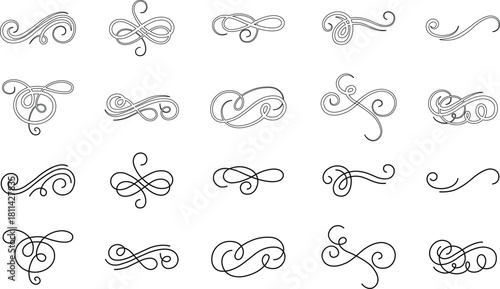 Elegant vintage calligraphic swirl set, ornate decorative flourish collection, classic filigree ornament group, swirl, curl, divider, scroll, border element, black line art design vector illustration