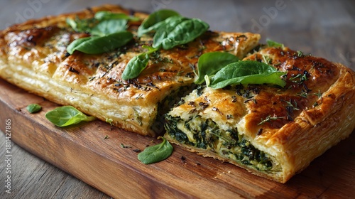 Delicious spinach and ricotta pie with fresh basil is ready to serve for lunch at your gourmet Italian restaurant or cozy family dinner