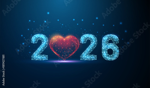 New Year card, 2026 number with red heart replacing zero. New year love, compassion, kindness, care, emotional connection, health, well-being concept.
