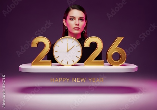 Elegant woman celebrating new year 2026 with golden numbers and clock
