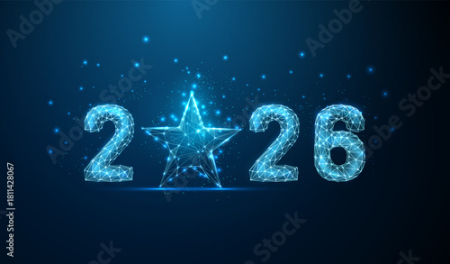 Happy 2026 New Year greeting card with blue star. Success, achievement, inspiration, hope, celebration, guidance, bright future concept.