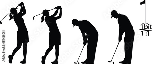 Silhouette sequence of golfer swinging and putting with golf flag in black and white vector style