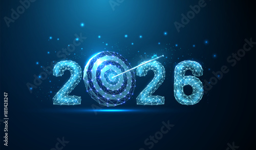 Happy 2026 New Year greeting card with arrow and dartboard target. Goal achievement, precision, strategic planning, performance improvement concept.