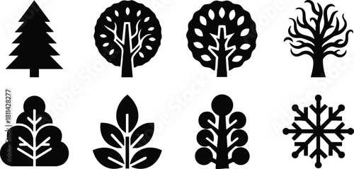 Simple black tree and leaf icons set with various seasonal shapes and styles on light background for design projects