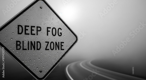 Deep Fog Warning Sign Against A Misty Road Illustrating Hazardous Driving Conditions