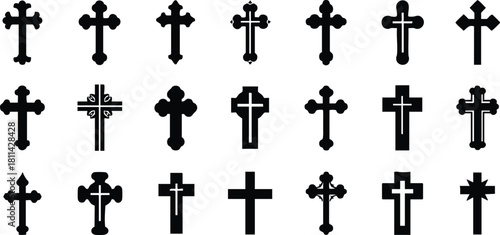 Various black crosses religious Christian symbols in simple and ornate designs on white background