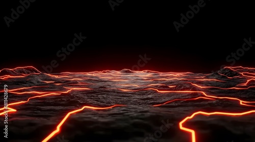 The image shows a dark, rocky landscape crisscrossed by glowing orange lines that resemble lava flows under the dark sky to create an otherworldly, intense scene.