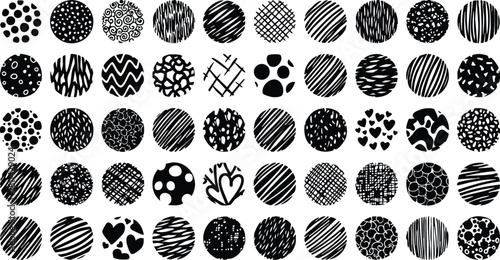 Black and white abstract circle patterns with diverse geometric and organic textures in seamless arrangement for design inspiration