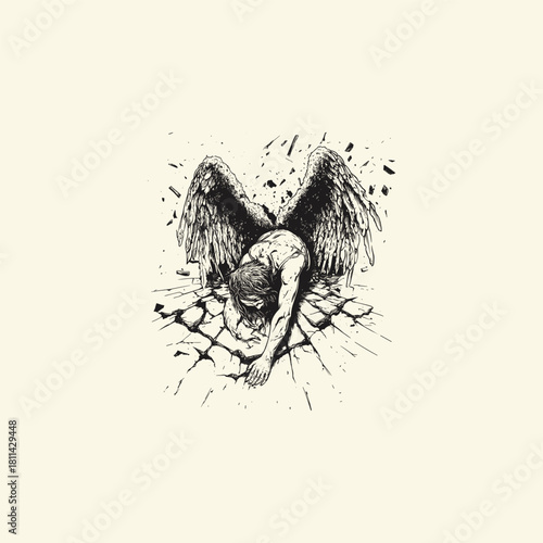 illustration of a defeated or fallen angel lying down in despair on cracked, broken earth vector template