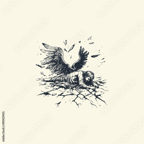 illustration of a defeated or fallen angel lying down in despair on cracked, broken earth vector template