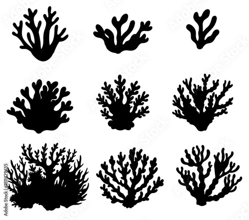 Nine black coral silhouettes of various shapes and sizes on a white background. Isolated transparent background ( include cut-out PNG file ).