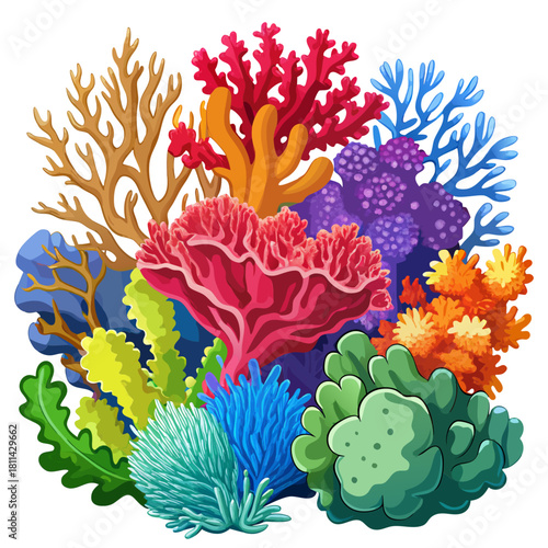 A vibrant colorful illustration of diverse underwater marine corals and aquatic plants. Isolated transparent background ( include cut-out PNG file ).
