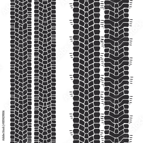 Four detailed dark off road tire tracks print texture Isolated transparent background ( include cut-out PNG file )