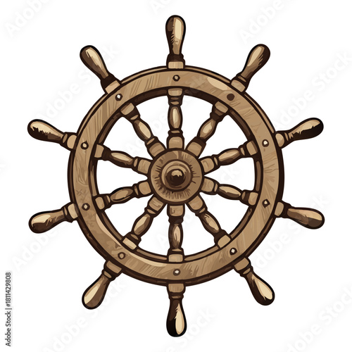 Vintage wooden ship's wheel with ten spokes nautical steering device drawing Isolated transparent background ( include cut-out PNG file )