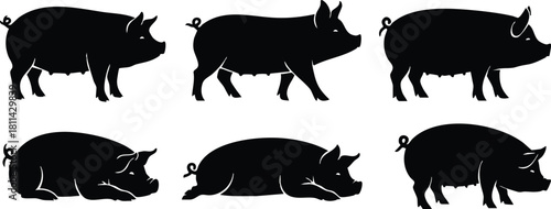Pig silhouette collection with six different pig poses and postures in black vector style