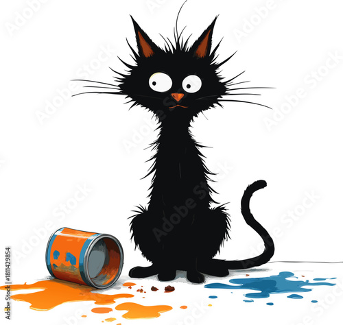 Lanky black cat next to tipped paint can spilled blue orange paint. Isolated transparent background ( include cut-out PNG file ).