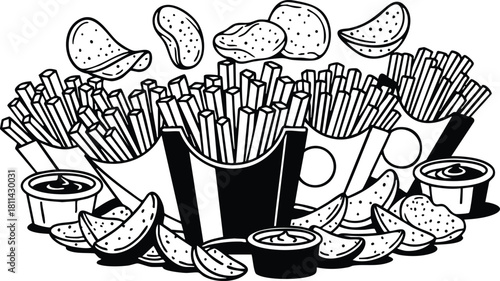 French fries and potato chips with dipping sauces black and white line art illustration for fast food menu or snack advertisement