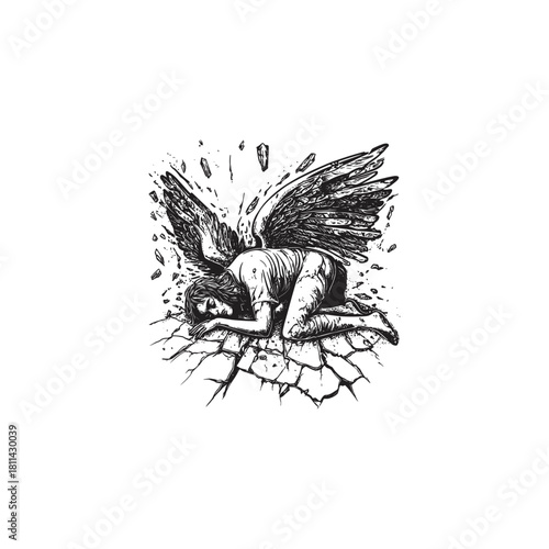 illustration of a defeated or fallen angel lying down in despair on cracked, broken earth vector template