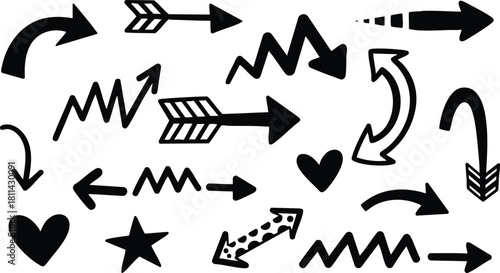 Various black arrow icons with hearts and stars in simple hand-drawn style on white background for design elements