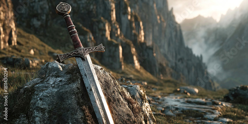 Sword rests against a rock in a majestic mountain landscape during golden hour