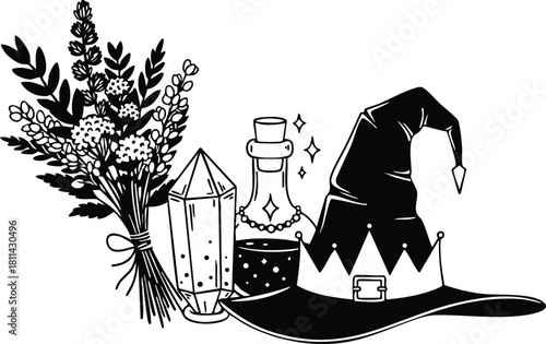 Witch hat with potion bottle, magic crystal, and bouquet of herbs and flowers vector illustration