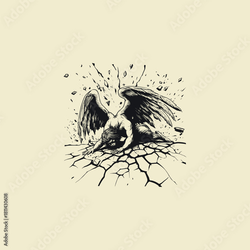 illustration of a defeated or fallen angel lying down in despair on cracked, broken earth vector template