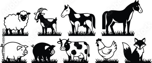 Farm animals silhouette collection with sheep goat horse pig cow chicken and fox in black and white vector style