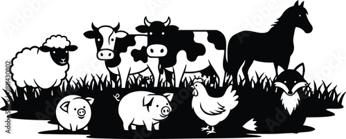 Farm animals silhouette group with sheep cow pig chicken horse and fox in grass field