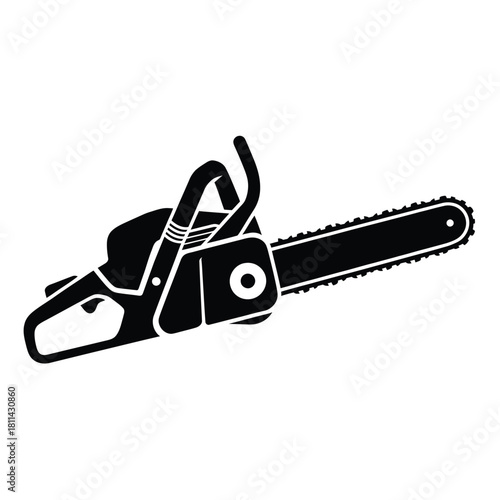 Black silhouette of a powerful chainsaw on a white background