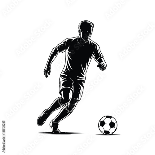 Dynamic black and white silhouette of a soccer player dribbling