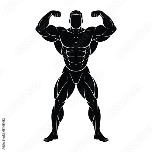 Silhouette of a muscular bodybuilder flexing biceps and back muscles