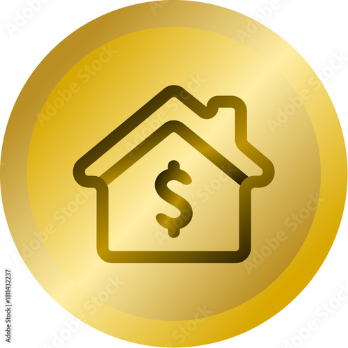 Shiny Gold Round Button With House Value Price Vector Icon