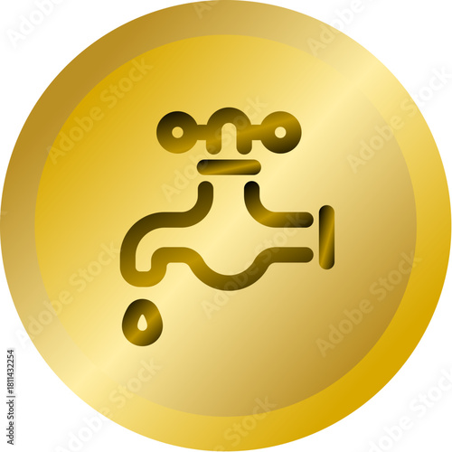 Shiny Gold Round Button With Water Tap Faucet Vector Icon