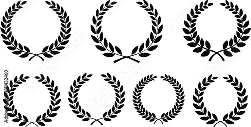 Black laurel wreath icons set with eight different designs on white background vector illustration