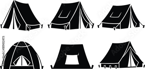 Black silhouette camping tents set different shapes and sizes outdoor adventure equipment collection