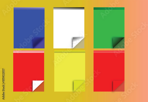 Collection of vector paper corners. Set of colorful paper sheets. White, orange, red, violet, yellow, green, blue, dark blue, turquoise, light green paper curled paper.