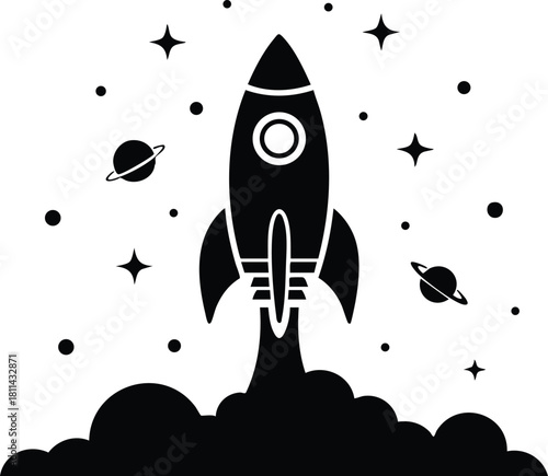 Rocket launching in space with stars and planets silhouette vector graphic illustration