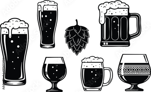 Various beer glasses and hop illustration for craft beer lovers and brewing enthusiasts