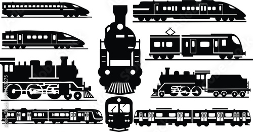Various train silhouettes including steam locomotive and modern high speed rail transport in black vector style